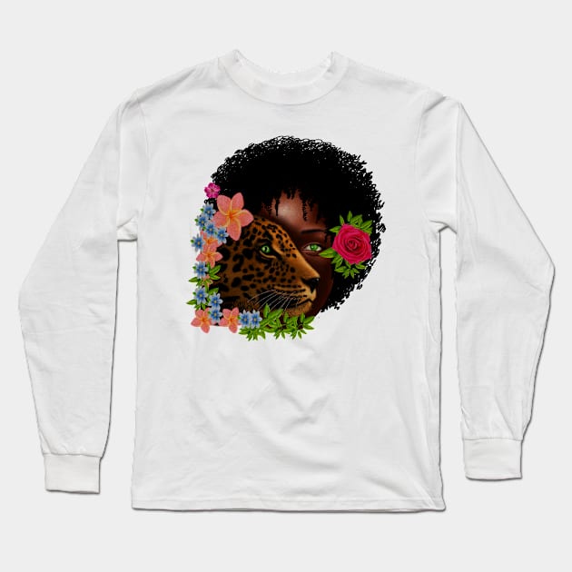Afro African Woman with Leopard, Tropical Floral Long Sleeve T-Shirt by dukito